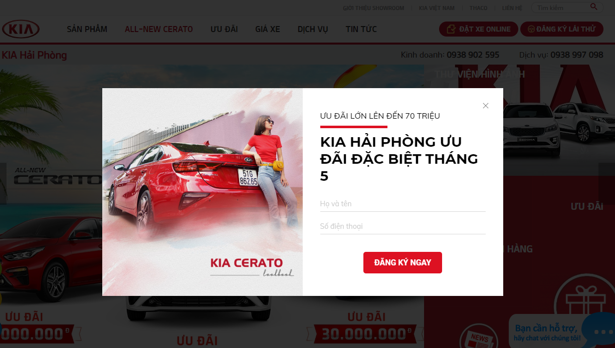 Popup trong mẫu website thiết kế ô tô